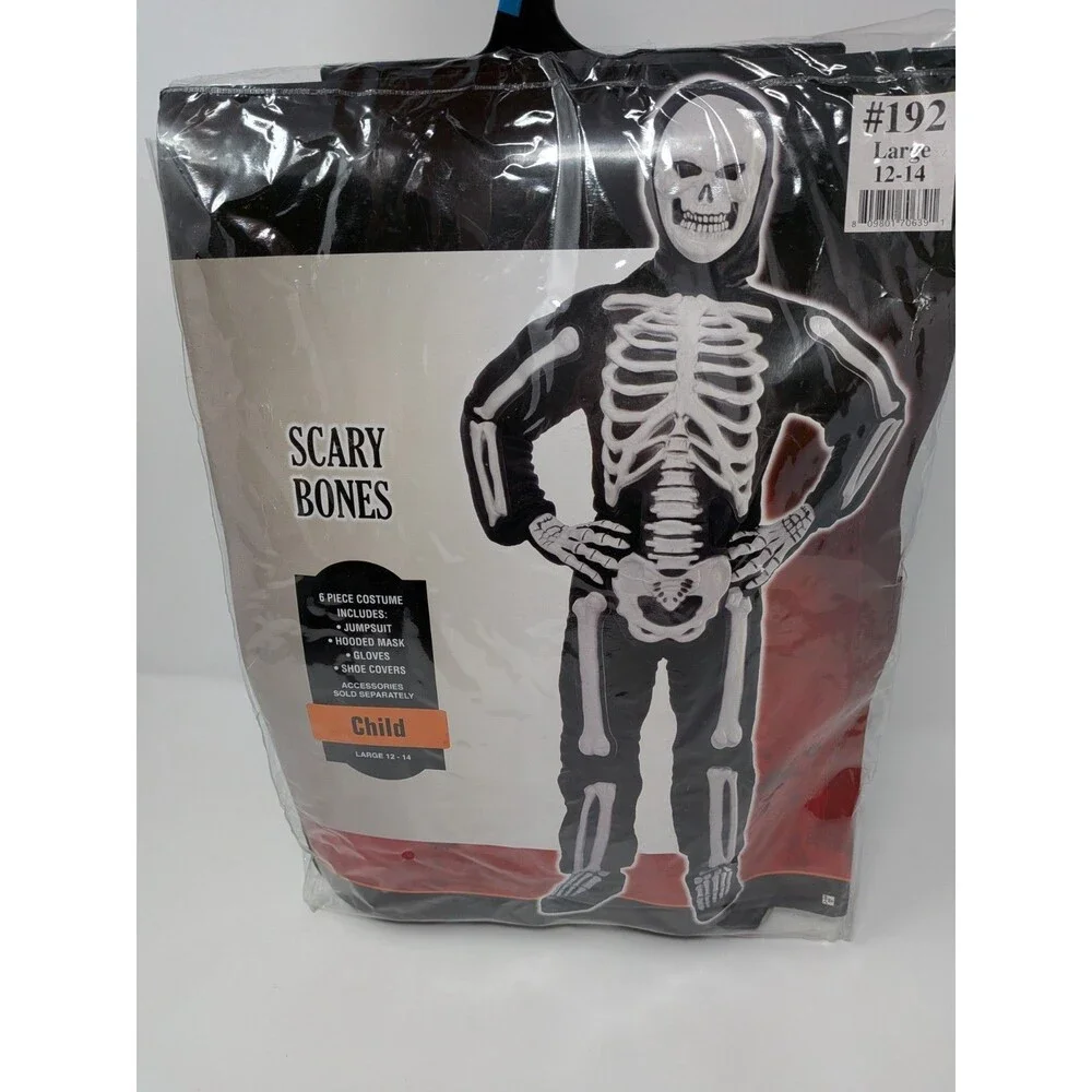 Scary Bones Skeleton Costume Kids Boys Large 12-14 Halloween NEW 6-Piece Set